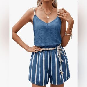 NWT - Women's 2 Piece V Neck Spaghetti Strap / Striped Print Belted Romper - L